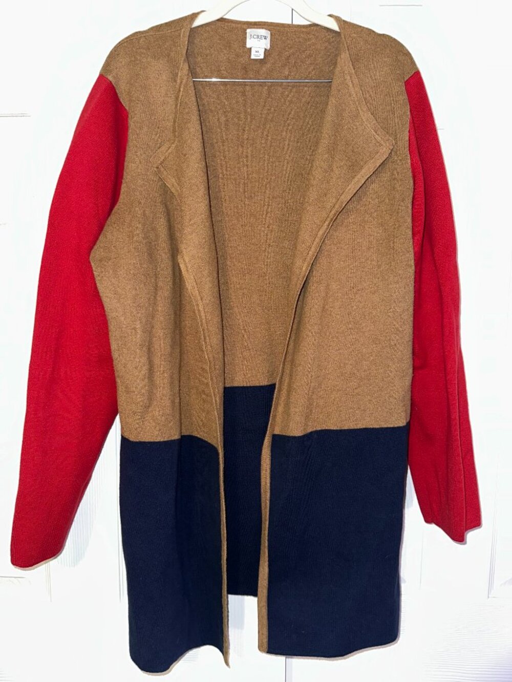 J.Crew Colorblock Open Front Vanessa Cardigan Sweater Red Brown Navy XL - Picture 3 of 5